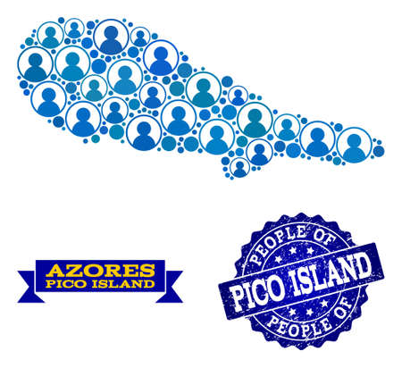 People composition of blue population map of Pico Island and grunge seal. Vector seal with grunge rubber texture. Mosaic map of Pico Island designed with rounded users.のイラスト素材