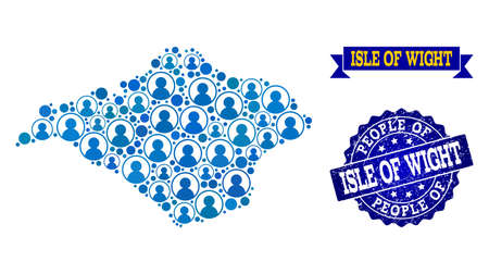 People collage of blue population map of Isle of Wight and scratched seal. Vector watermark with scratched rubber texture. Mosaic map of Isle of Wight constructed with rounded users.のイラスト素材