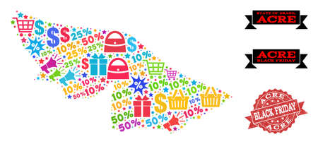 Black Friday composition of mosaic map of Acre State and unclean seal. Vector red seal with unclean rubber texture with Black Friday caption. Flat design for promotion illustrations.のイラスト素材
