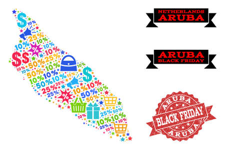 Black Friday collage of mosaic map of Aruba Island and rubber stamp seal. Vector red seal with grunge rubber texture with Black Friday text. Flat design for sale posters.のイラスト素材