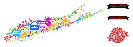 Black Friday composition of mosaic map of Long Island and grunge stamp. Vector red watermark with grunge rubber texture with Black Friday text. Flat design for shopping templates.のイラスト素材