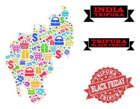 Black Friday combination of mosaic map of Tripura State and rubber stamp seal. Vector red seal with grunge rubber texture with Black Friday title. Flat design for trade posters.のイラスト素材