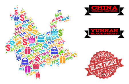 Black Friday collage of mosaic map of Yunnan Province and scratched stamp. Vector red seal with scratched rubber texture with Black Friday slogan. Flat design for shopping templates.のイラスト素材