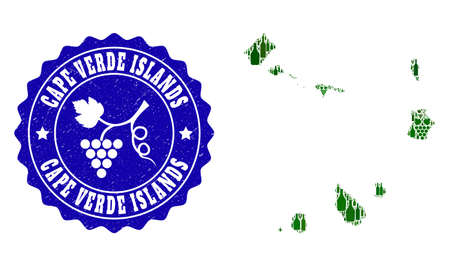 Vector collage of wine map of Cape Verde Islands and grape grunge stamp. Map of Cape Verde Islands collage designed with bottles and grape berries bunches.のイラスト素材