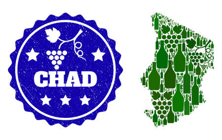 Vector composition of wine map of Chad and grape grunge seal. Map of Chad collage created with bottles and grape berries bunches.のイラスト素材