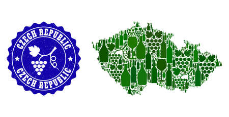 Vector combination of wine map of Czech Republic and grape grunge stamp. Map of Czech Republic collage created with bottles and grape berries bunches.のイラスト素材