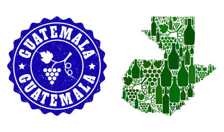 Vector collage of wine map of Guatemala and grape grunge stamp. Map of Guatemala collage created with bottles and grape berries bunches.のイラスト素材