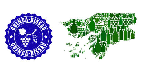 Vector collage of wine map of Guinea-Bissau and grape grunge seal. Map of Guinea-Bissau collage designed with bottles and grape berries bunches.のイラスト素材