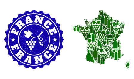 Vector collage of wine map of France and grape grunge seal. Map of France collage formed with bottles and grape berries bunches.のイラスト素材