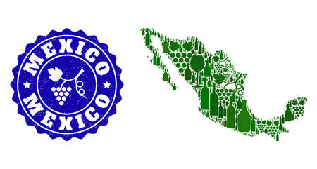 Vector collage of wine map of Mexico and grape grunge stamp. Map of Mexico collage created with bottles and grape berries bunches.のイラスト素材