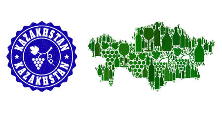 Vector composition of wine map of Kazakhstan and grape grunge stamp. Map of Kazakhstan collage designed with bottles and grape berries bunches.のイラスト素材