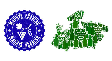 Vector collage of wine map of Madhya Pradesh State and grape grunge stamp. Map of Madhya Pradesh State collage designed with bottles and grape berries bunches.のイラスト素材