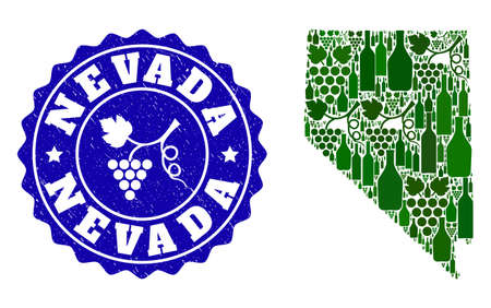 Vector collage of wine map of Nevada State and grape grunge seal. Map of Nevada State collage composed with bottles and grape berries bunches.のイラスト素材