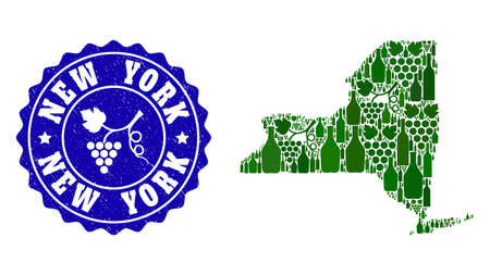 Vector collage of wine map of New York State and grape grunge seal. Map of New York State collage created with bottles and grape berries bunches.のイラスト素材