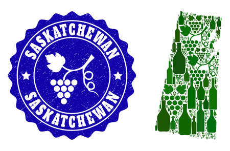 Vector collage of wine map of Saskatchewan Province and grape grunge stamp. Map of Saskatchewan Province collage created with bottles and grape berries bunches.のイラスト素材