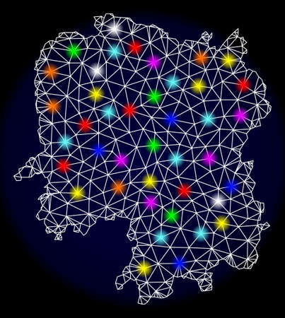 Mesh vector map of Hunan Province with glare effect on a dark background. Abstract lines, triangles, light colorful spots and points forms map of Hunan Province.のイラスト素材