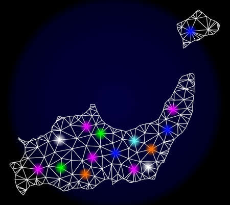 Mesh vector map of Inagua Islands with glare effect on a dark background. Abstract lines, triangles, light colorful spots and points forms map of Inagua Islands.のイラスト素材