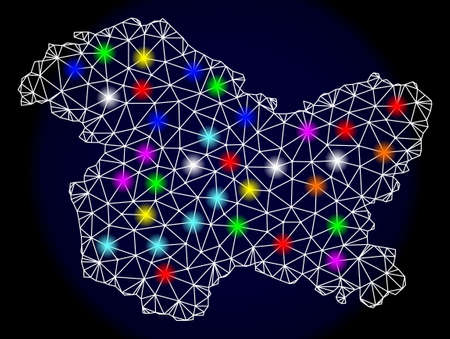 Mesh vector map of Jammu and Kashmir State with glare effect on a dark background. Abstract lines, triangles, light colorful spots and points forms map of Jammu and Kashmir State.のイラスト素材