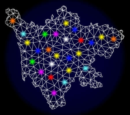 Mesh vector map of Sichuan Province with glare effect on a dark background. Abstract lines, triangles, light colorful spots and points forms map of Sichuan Province.のイラスト素材