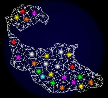 Mesh vector map of Tiran Island with glare effect on a dark background. Abstract lines, triangles, light colorful spots and points forms map of Tiran Island.のイラスト素材