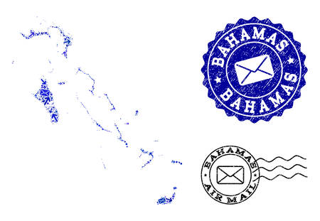 Post composition of blue mosaic map of Bahamas Islands and corroded seals. Vector watermarks with unclean rubber texture with Airmail slogan and envelope symbols.のイラスト素材