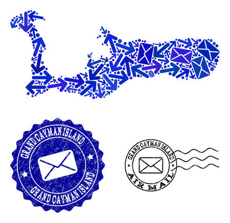 Post composition of blue mosaic map of Grand Cayman Island and rubber stamp seals. Vector watermarks with scratched rubber texture with Airmail text and envelope symbols.のイラスト素材