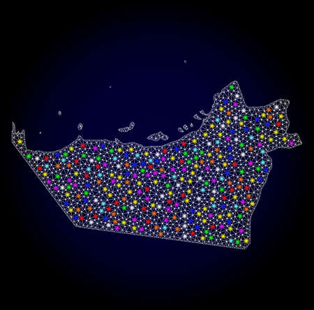 Polygonal vector map of Abu Dhabi Emirate with glare effect on a black background. Abstract triangles, lines, light colored spots, dots forms map of Abu Dhabi Emirate. White mesh,のイラスト素材