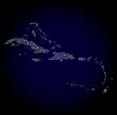 Polygonal vector map of Caribbean Islands with glare effect on a black background. Abstract triangles, lines, light colorful spots, dots forms map of Caribbean Islands. White mesh,のイラスト素材