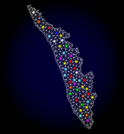 Polygonal vector map of Kerala State with glow effect on a black background. Abstract triangles, lines, light colored spots, points forms map of Kerala State. White mesh,のイラスト素材