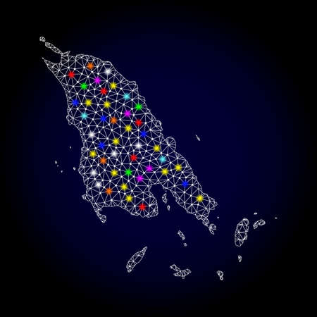 Polygonal vector map of Koh Chang with glare effect on a black background. Abstract triangles, lines, light colorful spots, points forms map of Koh Chang. White mesh,のイラスト素材