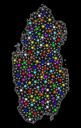 Polygonal vector map of Qatar with glow effect on a black background. Abstract triangles, lines, light colorful spots, dots forms map of Qatar. White mesh,のイラスト素材