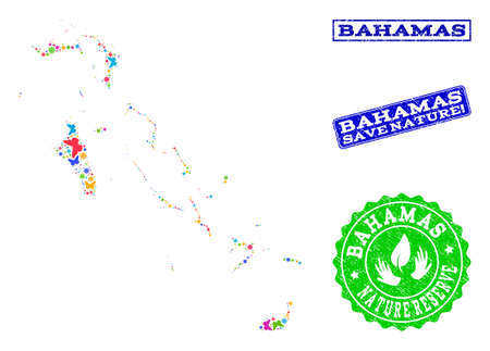 Eco friendly combination of bright mosaic map of Bahamas Islands and textured seal stamps with Save Nature caption. Mosaic map of Bahamas Islands constructed with bright colored butterflies.のイラスト素材