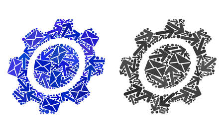 Mail gear icon mosaic of envelopes and arrows with blue color. Abstract vector gear illustration is  of mail movement symbols. Flat design for mail motion posters.のイラスト素材