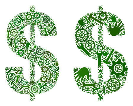 Repair service dollar symbol icon mosaic of service tools. Abstract vector dollar symbol is formed of gearwheels, hands, hammers and spanners. Concept of technical service.のイラスト素材