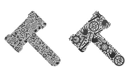 Repair service hammer icon collage of service tools. Abstract vector hammer symbol is created of gear wheels, hands, hammers and wrenches. Template for technical service.のイラスト素材