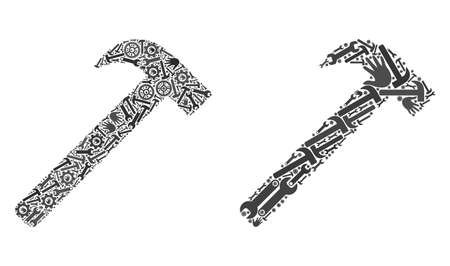 Repair service hammer tool icon collage of service tools. Abstract vector hammer tool symbol is shaped of cogwheels, hands, hammers and spanners. Template for industrial service.のイラスト素材