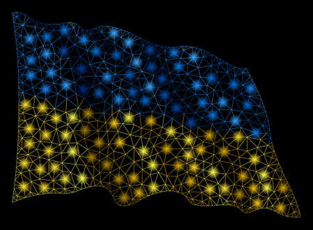 Waving Ukrainian Flag mesh illustration with lightspot effect. Vector flying official Ukrainian Flag designed with triangular lines, illuminated nodes, dots.のイラスト素材
