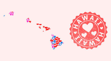 Vector collage of love smile map of Hawaii State and red grunge seal with heart. Map of Hawaii State collage created with smiles, male and female symbols.のイラスト素材