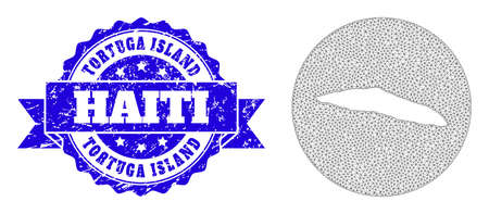 Mesh vector map of Haiti Tortuga Island with grunge stamp. Triangle mesh map of Haiti Tortuga Island is a hole in a round shape. Blue round grunge watermark has ribbon.のイラスト素材