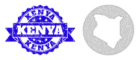Mesh vector map of Kenya with scratched seal stamp. Triangular mesh map of Kenya is carved in a circle. Blue rounded textured seal stamp has ribbon.のイラスト素材