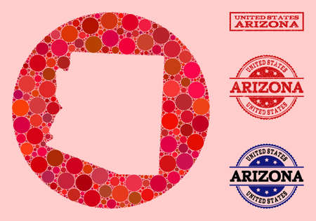 Vector map of Arizona State mosaic of round blots and red scratched seal. Hole round map of Arizona State collage composed with circles in variable sizes, and red color tints.のイラスト素材