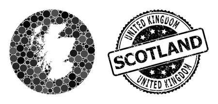 Vector mosaic map of Scotland of round dots, and gray watermark stamp. Subtraction round map of Scotland collage created with circles in different sizes, and dark grey color tones.のイラスト素材