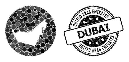 Vector mosaic map of United Arab Emirates with circle blots, and grey scratched seal stamp. Stencil round map of United Arab Emirates collage composed with circles in variable sizes,のイラスト素材