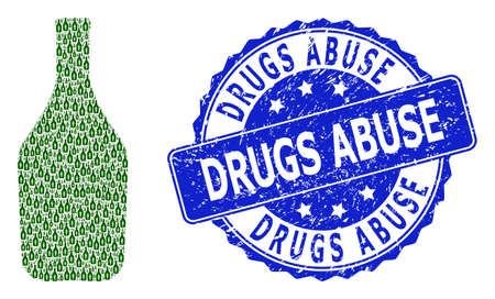 Drugs Abuse textured round stamp seal and vector fractal mosaic alcoholic person. Blue seal includes Drugs Abuse title inside round shape.のイラスト素材