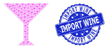 Import Wine unclean round stamp and vector fractal mosaic martini cup. Blue stamp includes Import Wine tag inside round shape. Vector mosaic is organized of scattered martini cup icons.のイラスト素材