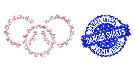Danger Sharps dirty round stamp and vector recursive collage gears. Blue stamp has Danger Sharps caption inside round shape. Vector mosaic is created of recursive gears icons.のイラスト素材
