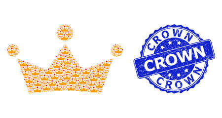 Crown scratched round stamp seal and vector recursion mosaic crown. Blue stamp seal includes Crown text inside circle shape. Vector mosaic is designed with scattered crown icons.のイラスト素材