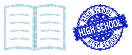 High School corroded round seal and vector recursive mosaic open book. Blue stamp seal includes High School text inside round shape. Vector mosaic is composed with randomized open book items.のイラスト素材
