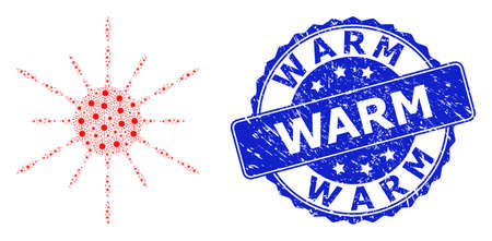 Warm textured round seal and vector fractal collage sun rays. Blue seal includes Warm tag inside round shape. Vector collage is created with recursive sun rays items.のイラスト素材