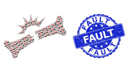 Fault scratched round stamp seal and vector recursive collage bone fracture. Blue stamp seal has Fault title inside round shape. Vector collage is composed from repeating bone fracture pictograms.のイラスト素材